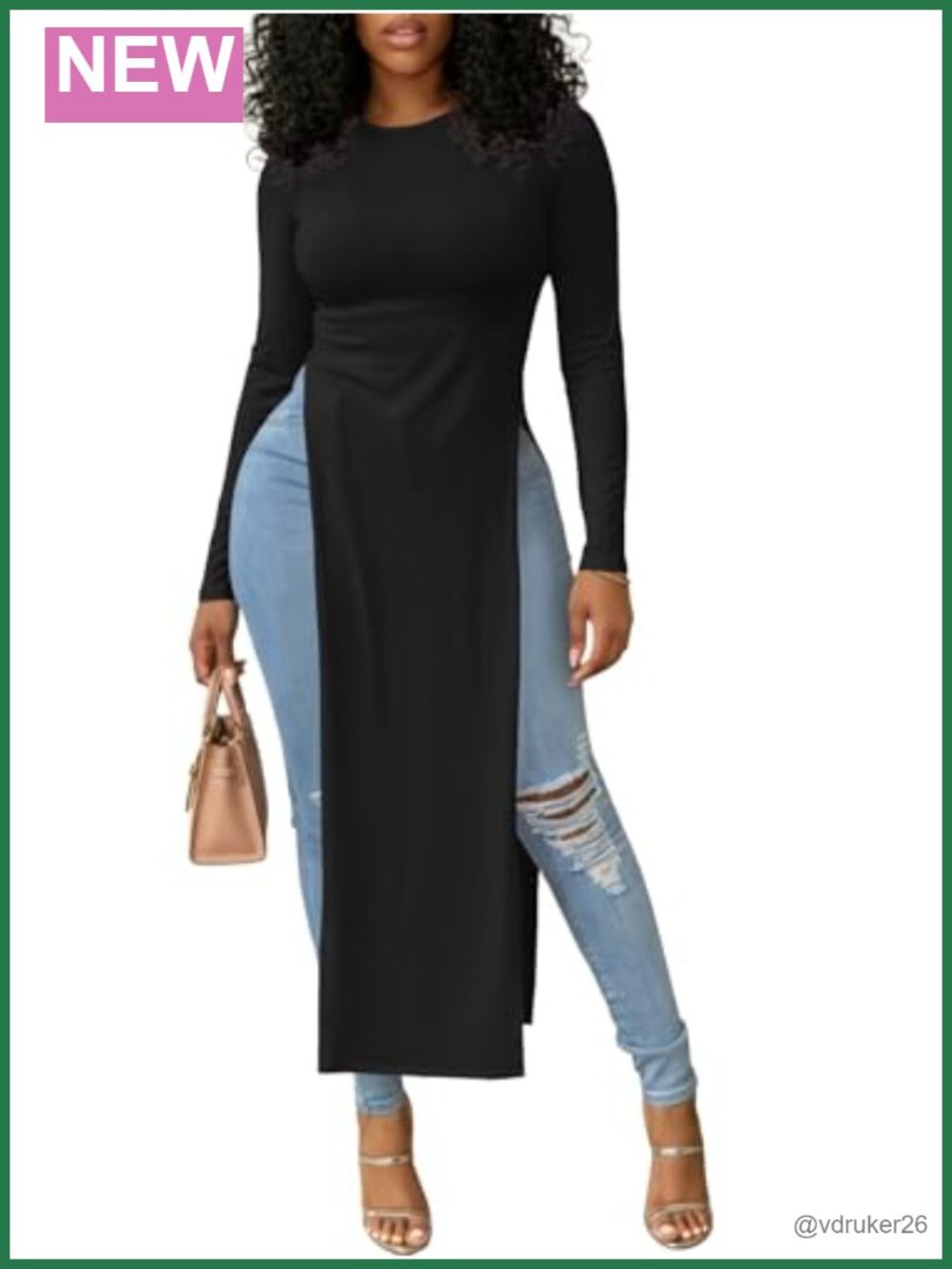 Women's Side Split Long Sleeve Tunic Shirt Slim Fit Crew Neck